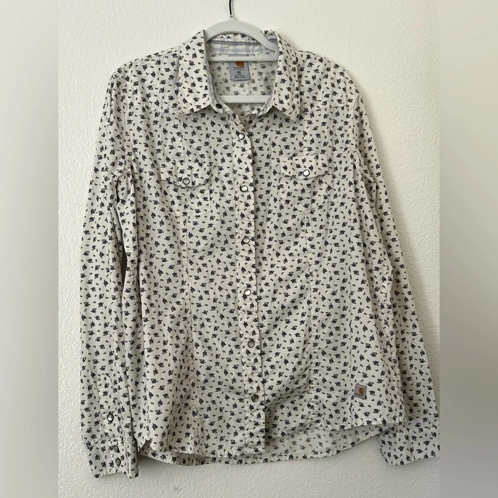 Carhartt Blue and White Floral Pearl Snap Western Shirt Ladies XXL EUC - Picture 1 of 7